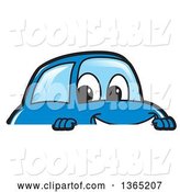Vector Illustration of a Cartoon Blue Car Mascot Smiling over a Sign by Mascot Junction