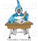 Vector Illustration of a Cartoon Blue Jay Mascot Doing Homework at a Desk by Toons4Biz