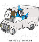 Vector Illustration of a Cartoon Blue Jay Mascot Driving a Delivery Van by Mascot Junction