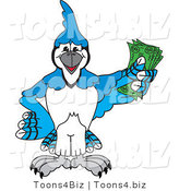 Vector Illustration of a Cartoon Blue Jay Mascot Holding Cash by Mascot Junction