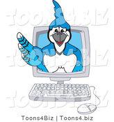 Vector Illustration of a Cartoon Blue Jay Mascot in a Computer by Mascot Junction