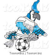 Vector Illustration of a Cartoon Blue Jay Mascot Kicking a Soccer Ball by Mascot Junction