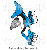 Vector Illustration of a Cartoon Blue Jay Mascot Looking Around a Sign by Mascot Junction