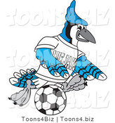 Vector Illustration of a Cartoon Blue Jay Mascot Playing Soccer by Mascot Junction