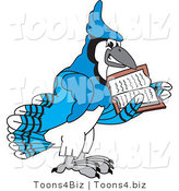 Vector Illustration of a Cartoon Blue Jay Mascot Reading by Mascot Junction