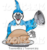 Vector Illustration of a Cartoon Blue Jay Mascot Serving a Thanksgiving Turkey by Mascot Junction