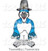 Vector Illustration of a Cartoon Blue Jay Mascot Wearing a Pilgrim Hat by Mascot Junction