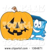 Vector Illustration of a Cartoon Blue Recycle Bin Mascot by a Halloween Jackolantern Pumpkin by Mascot Junction