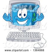 Vector Illustration of a Cartoon Blue Recycle Bin Mascot Emerging from a Desktop Computer Screen by Toons4Biz