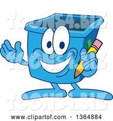 Vector Illustration of a Cartoon Blue Recycle Bin Mascot Holding a Pencil by Mascot Junction