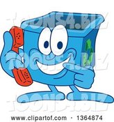 Vector Illustration of a Cartoon Blue Recycle Bin Mascot Holding and Pointing to a Telephone by Mascot Junction