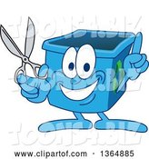 Vector Illustration of a Cartoon Blue Recycle Bin Mascot Holding up a Finger and Scissors by Mascot Junction