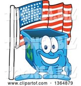 Vector Illustration of a Cartoon Blue Recycle Bin Mascot Pledging Allegiance to the American Flag by Mascot Junction