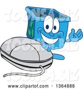 Vector Illustration of a Cartoon Blue Recycle Bin Mascot Presenting by a Computer Mouse by Mascot Junction