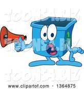 Vector Illustration of a Cartoon Blue Recycle Bin Mascot Screaming into a Megaphone by Toons4Biz