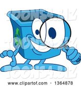 Vector Illustration of a Cartoon Blue Recycle Bin Mascot Searching with a Magnifying Glass by Mascot Junction