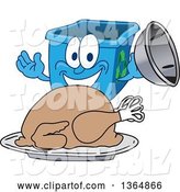 Vector Illustration of a Cartoon Blue Recycle Bin Mascot Serving a Roasted Thanksgiving Turkey by Mascot Junction