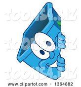 Vector Illustration of a Cartoon Blue Recycle Bin Mascot Smiling Around a Sign by Mascot Junction