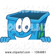 Vector Illustration of a Cartoon Blue Recycle Bin Mascot Smiling over a Sign by Mascot Junction