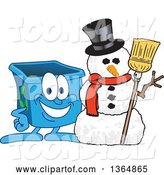 Vector Illustration of a Cartoon Blue Recycle Bin Mascot with a Christmas Snowman by Mascot Junction