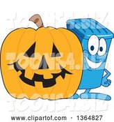 Vector Illustration of a Cartoon Blue Rolling Trash Can Bin Mascot by a Halloween Jackolantern Pumpkin by Mascot Junction