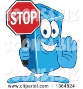 Vector Illustration of a Cartoon Blue Rolling Trash Can Bin Mascot Gesturing and Holding a Stop Sign by Mascot Junction
