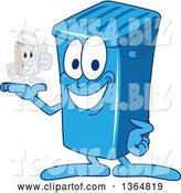 Vector Illustration of a Cartoon Blue Rolling Trash Can Bin Mascot Holding a Can by Mascot Junction