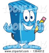 Vector Illustration of a Cartoon Blue Rolling Trash Can Bin Mascot Holding a Pencil by Mascot Junction