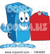 Vector Illustration of a Cartoon Blue Rolling Trash Can Bin Mascot Holding a Red Price Tag by Mascot Junction