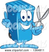 Vector Illustration of a Cartoon Blue Rolling Trash Can Bin Mascot Holding up a Finger and Scissors by Mascot Junction