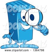 Vector Illustration of a Cartoon Blue Rolling Trash Can Bin Mascot Searching with a Magnifying Glass by Mascot Junction