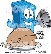 Vector Illustration of a Cartoon Blue Rolling Trash Can Bin Mascot Serving a Roasted Thanksgiving Turkey by Mascot Junction
