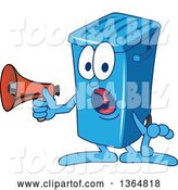 Vector Illustration of a Cartoon Blue Rolling Trash Can Bin Mascot Shouting into a Megaphone by Mascot Junction