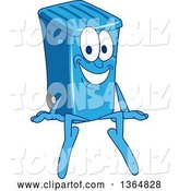 Vector Illustration of a Cartoon Blue Rolling Trash Can Bin Mascot Sitting by Mascot Junction