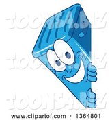 Vector Illustration of a Cartoon Blue Rolling Trash Can Bin Mascot Smiling Around a Sign by Mascot Junction