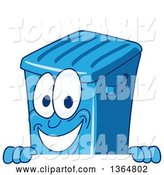 Vector Illustration of a Cartoon Blue Rolling Trash Can Bin Mascot Smiling over a Sign by Mascot Junction