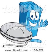 Vector Illustration of a Cartoon Blue Rolling Trash Can Bin Mascot Waving by a Computer Mouse by Mascot Junction