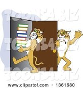 Vector Illustration of a Cartoon Bobcat Mascot Holding a Door for Another Carrying Books, Symbolizing Compassion by Toons4Biz