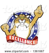 Vector Illustration of a Cartoon Bobcat Mascot Holding up a Finger in an Excellence Badge by Mascot Junction