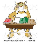 Vector Illustration of a Cartoon Bobcat Mascot Organizing and Doing Homework by Mascot Junction