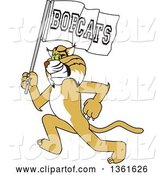 Vector Illustration of a Cartoon Bobcat Mascot Running with a Team Flag, Symbolizing Pride by Mascot Junction
