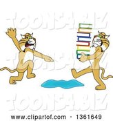 Vector Illustration of a Cartoon Bobcat Mascot Warning Another That Is Carrying a Stack of Books About a Puddle, Symbolizing Being Proactive by Mascot Junction