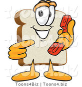 Vector Illustration of a Cartoon Bread Mascot Pointing to a Red Telephone Receiver by Mascot Junction