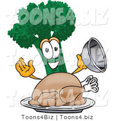 Vector Illustration of a Cartoon Broccoli Mascot Serving a Cooked Thanksgiving Turkey in a Platter by Mascot Junction