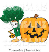 Vector Illustration of a Cartoon Broccoli Mascot Standing by a Halloween Pumpkin by Toons4Biz