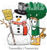 Vector Illustration of a Cartoon Broccoli Mascot Standing by a Snowman by Mascot Junction