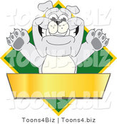 Vector Illustration of a Cartoon Bulldog Mascot over a Green Diamond Above a Blank Gold Banner by Mascot Junction