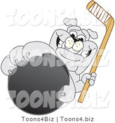Vector Illustration of a Cartoon Bulldog Mascot Reaching up and Grabbing a Hockey Puck by Mascot Junction