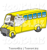 Vector Illustration of a Cartoon Bulldog Mascot Waving and Driving a School Bus by Mascot Junction