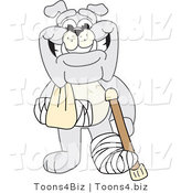 Vector Illustration of a Cartoon Bulldog Mascot with a Crutch, Sling and Cast by Mascot Junction